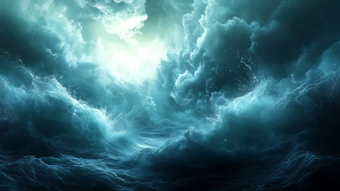 Turbulent cyan ocean vortex under hyper-luminous storm front.