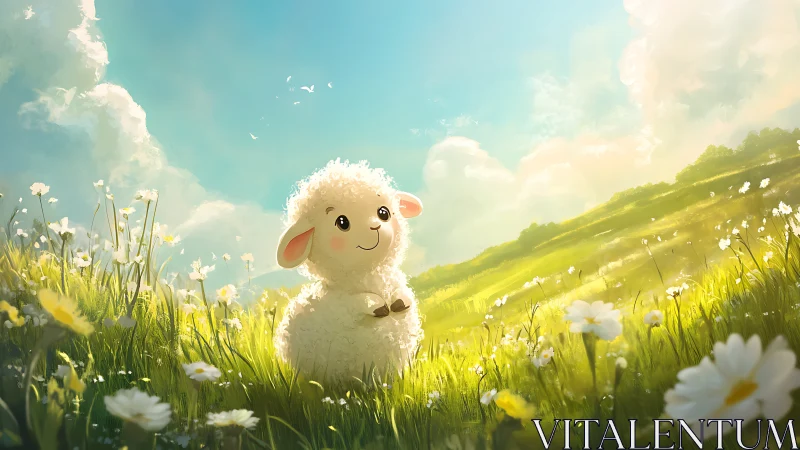 Sunlit lamb daydreaming among whispering wildflower meadows.