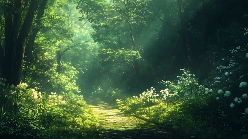 Sunlit Forest Path Through Verdant Woodland.