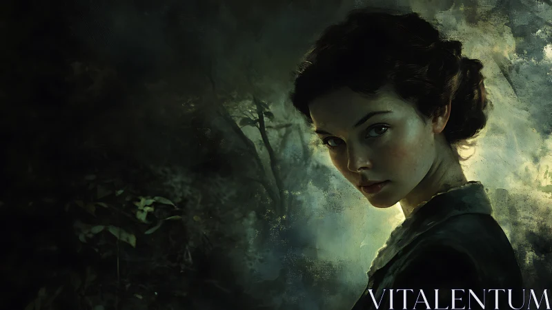 Moody forest portrait with chiaroscuro lighting and mist.