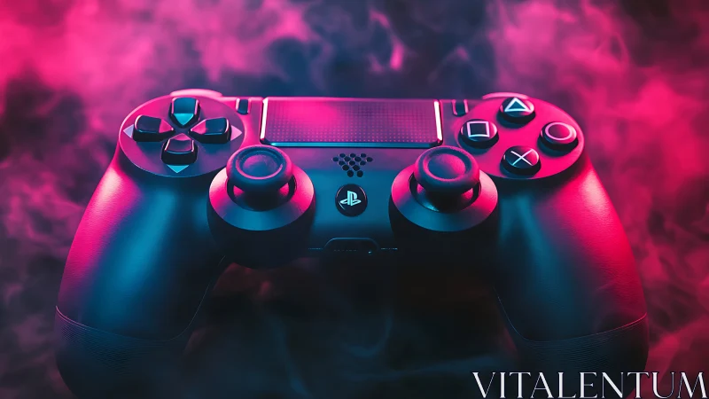Neon-Lit Gaming Controller Against Atmospheric Pink and Cyan Backdrop