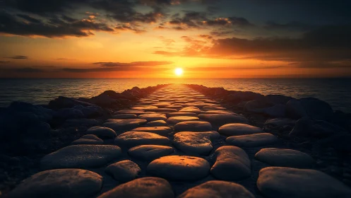 Sunlit stone pier leads into calm ocean horizon at sunset