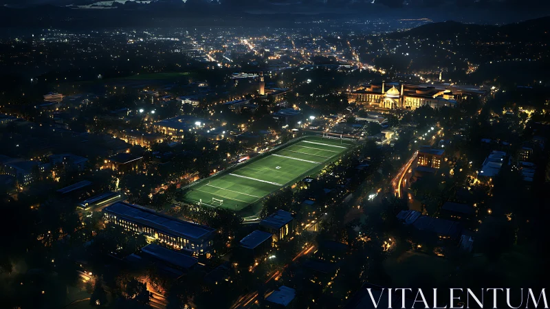 Illuminated campus stadium dominates cinematic night skyline