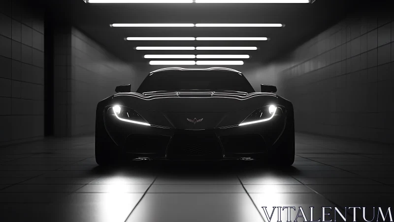 Sleek black sports car under tunnel strip lighting.