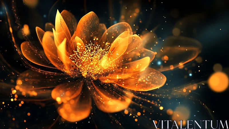 Glowing orange digital flower radiates particles in dark space