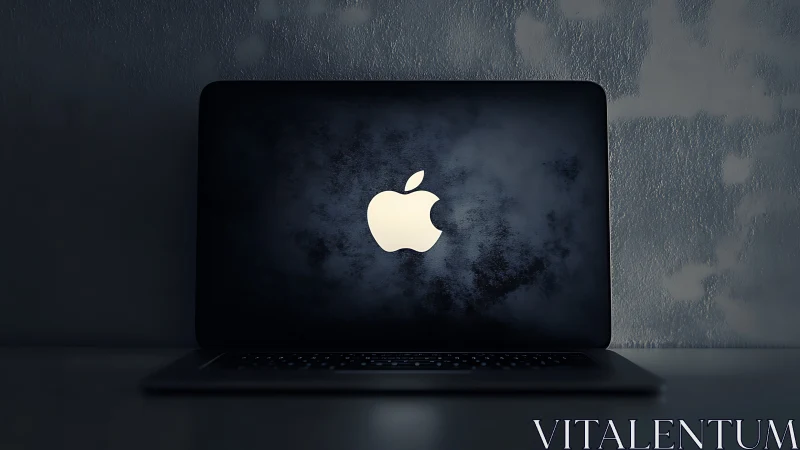 Closed dark laptop with illuminated apple logo on lid.