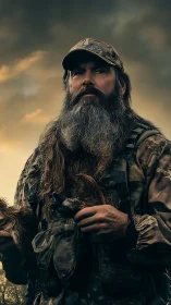 Bearded hunter in camo gear stands beneath stormy skies.