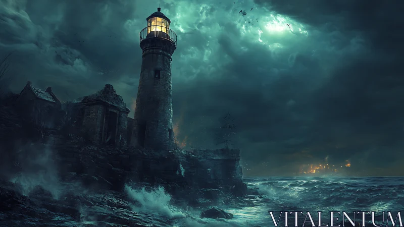 Stormy coastal lighthouse illuminates dark turbulent seascape