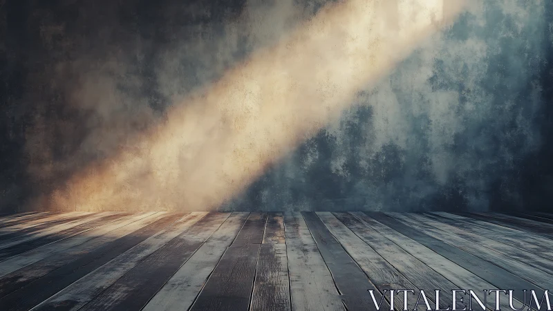 Empty rustic room with wood floor and diagonal sunlight beam.
