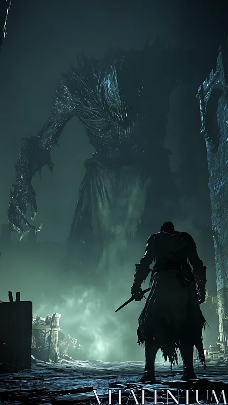 Lone warrior confronts colossal shadow entity in fog-drenched alley