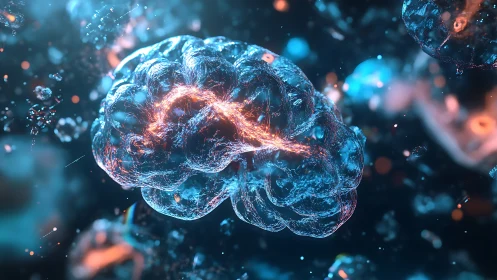 Luminous glass brain adrift in an electric cosmic tide.