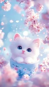 Ethereal White Kitten in Porcelain Cup Among Cherry Blossoms