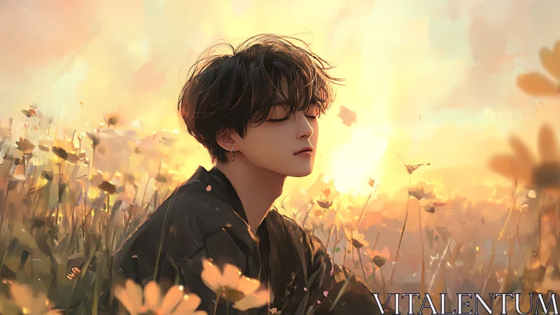 Dreamy youth in golden sunset wildflower meadow portrait.