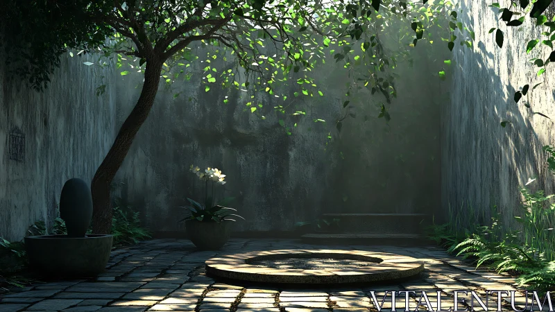 Sunlit courtyard garden frames a tranquil stone circle.