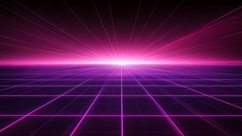 Neon grid horizon with bright glowing pink light burst.