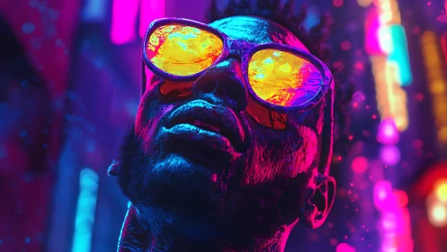 Neon-drenched dreamer gazes through molten city lights.