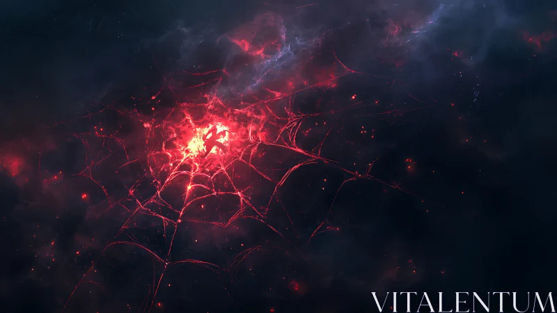 Glowing cosmic web of red light stretching through space.