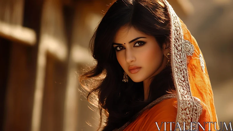Elegant woman in orange sari gazes softly in warm sunlight