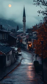Moonlit mist over Ottoman street and solitary mosque minaret