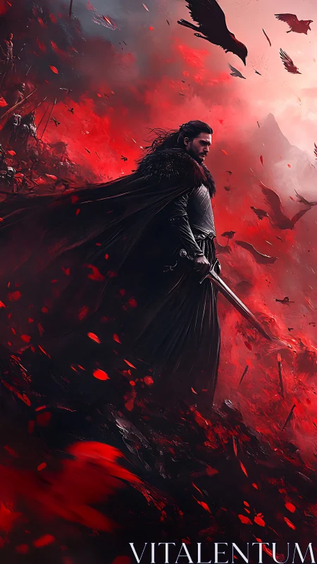Lone warrior in crimson storm of crows and swirling embers.