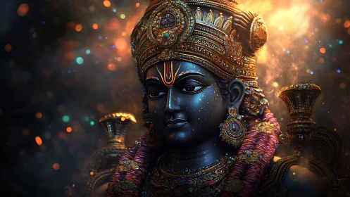 Divine blue deity glows amid jeweled crown and cosmic light.