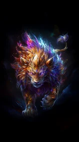 Prismatic starfire lion strides through galactic midnight.