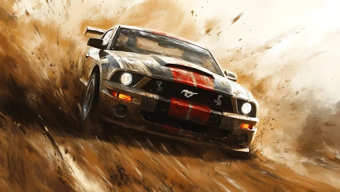 Rally muscle car powerslide in cinematic dust storm lighting.
