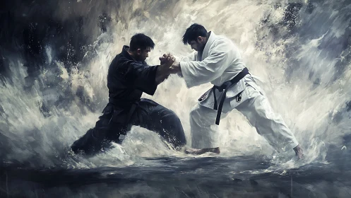 Martial artists grappling in turbulent water environment.
