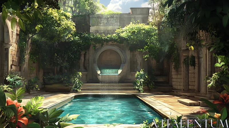 Sunlit stone courtyard pool with circular fountain and dense foliage