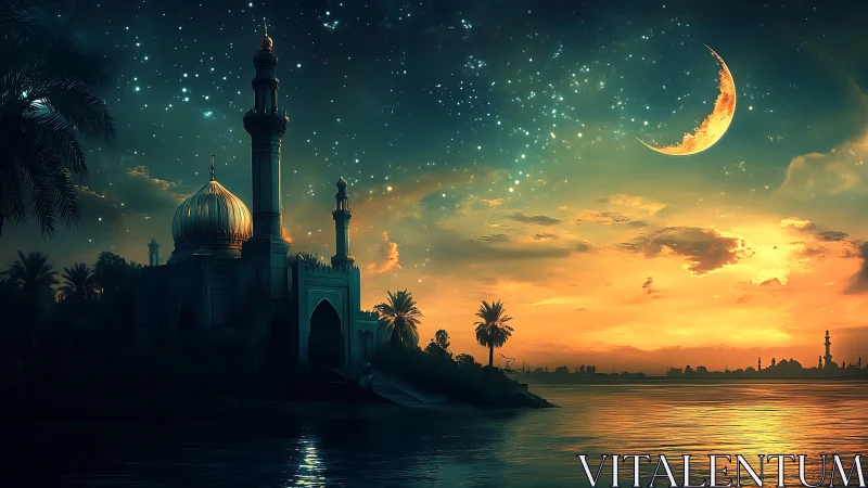 Riverside mosque under crescent moon and starry twilight sky.