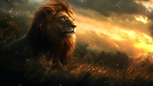 Lion in tall grass under dramatic sunset sky.