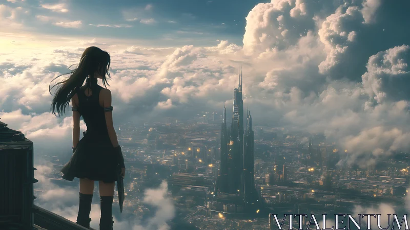 Skyline sentinel girl above dreaming cyberpunk citadel.