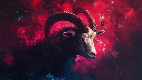 Cosmic ram in luminous red and blue nebula glow.