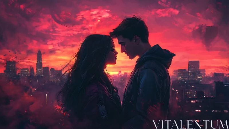 Cyberpunk Romance Against Apocalyptic Sunset Over Metropolitan Skyline.