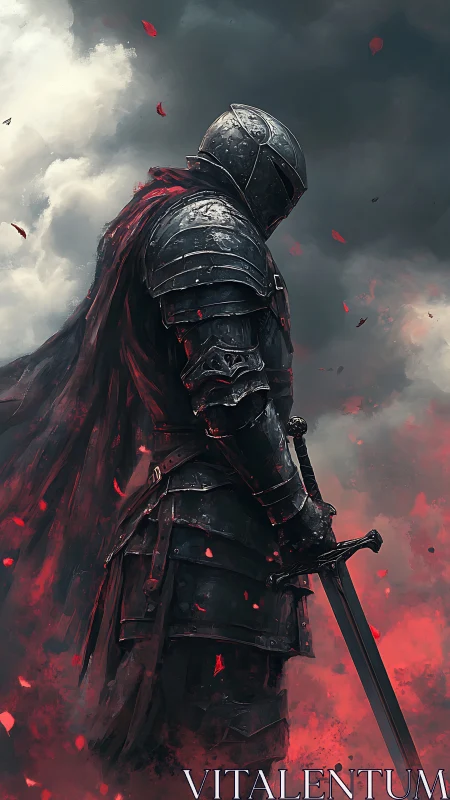 Armored dark knight with sword amid red embers and storm clouds.