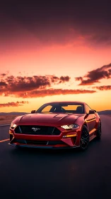 Photorealistic red sports coupe under cinematic sunset sky.