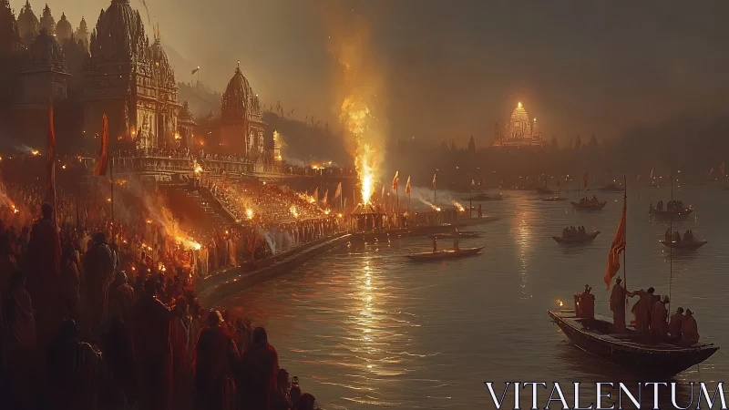 Riverside temple festival with torches and glowing flames.