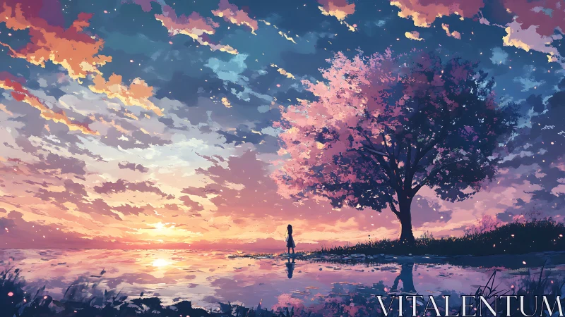 Chromatic dusk skyline with reflective shore and sakura silhouette.