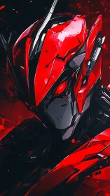 Red cybernetic warrior helmet glows against dark void