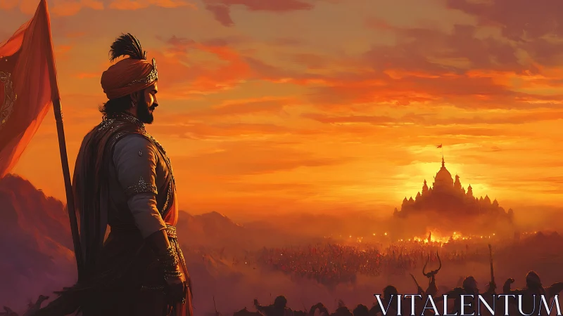 Sunset warrior panorama with fortified palace skyline composition.