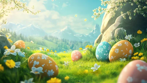 Springtime Easter eggs rest in a bright mountain meadow