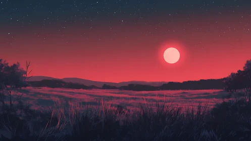 Gentle red moonrise over quiet fields and distant hills.