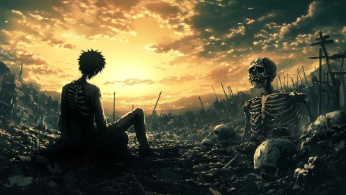 Backlit skeletal survivor in post-apocalyptic wasteland sunset