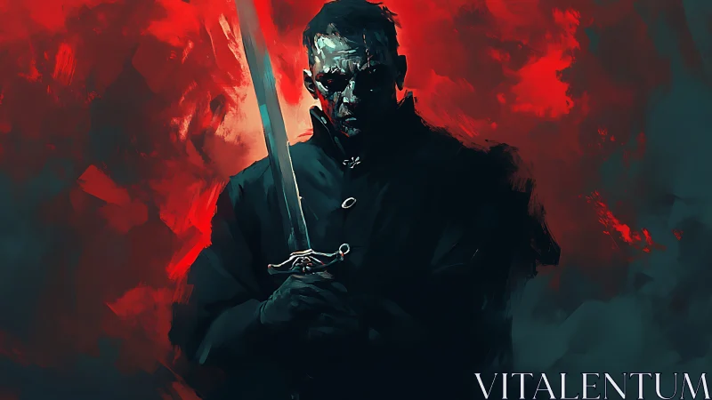 Solitary armed figure in dark coat before red backdrop.