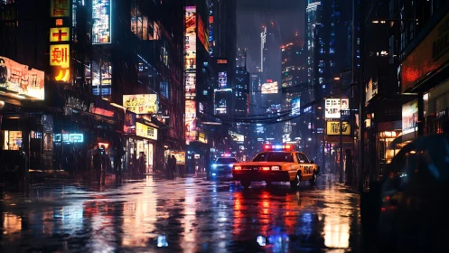 Police car patrols neon soaked street in dense futuristic city