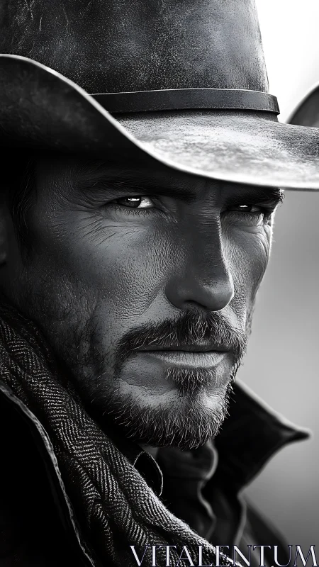 Weathered gunslinger gazes ahead in stark monochrome portrait.