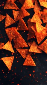 Fiery nacho triangles drift across a dark snacking cosmos.
