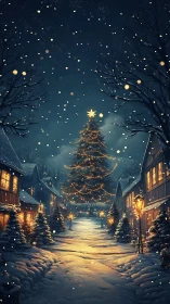 Snowy village street with central illuminated Christmas tree