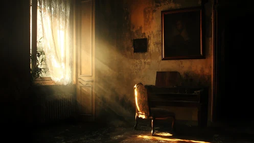 Dusty abandoned room catches low golden evening sunlight