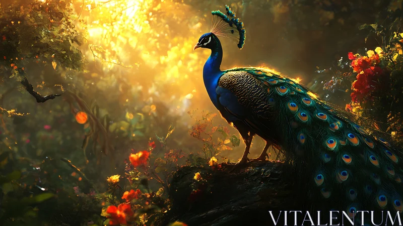 Iridescent peacock on mossy log in golden backlit forest